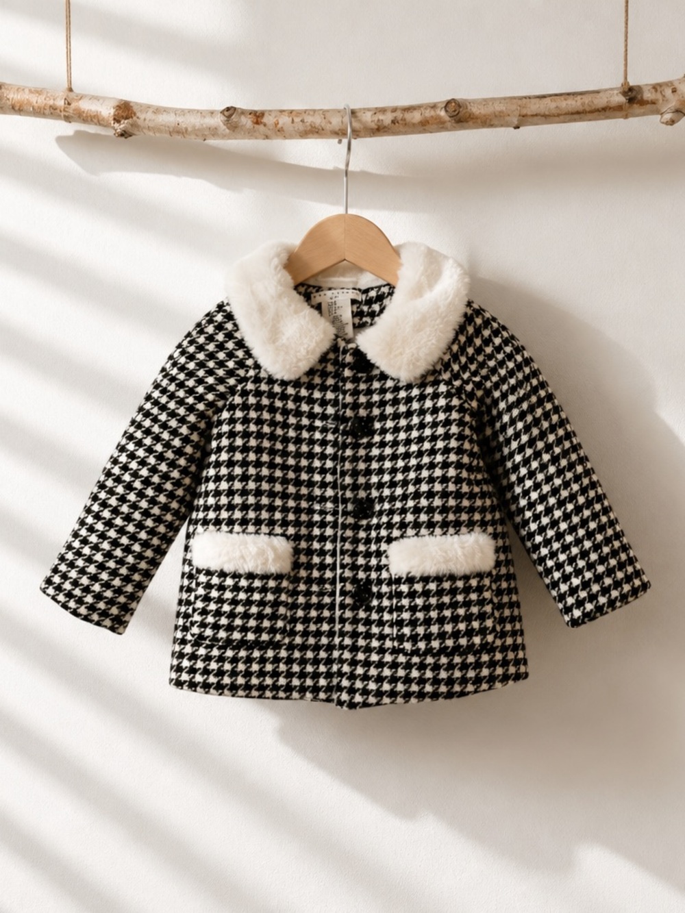 Kids 2T Black White Houndstooth Peacoat Faux Fur Collar & Trim Winter Coat